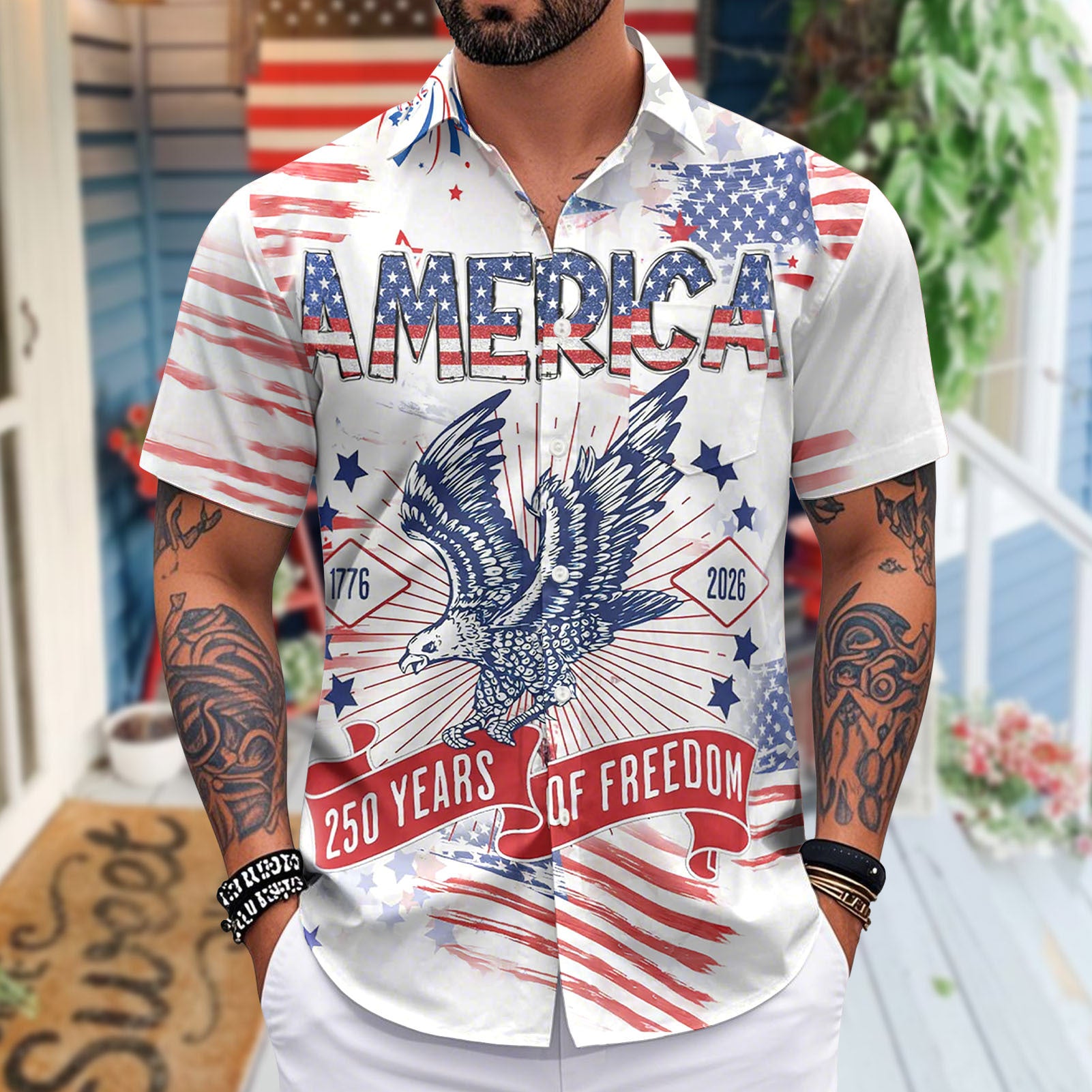 Patriotic Hawaiian Shirts for Men 250 Years Eagle Flag Patriotic Button Up Shirt Hawaiian Outfit for Parade sweetie