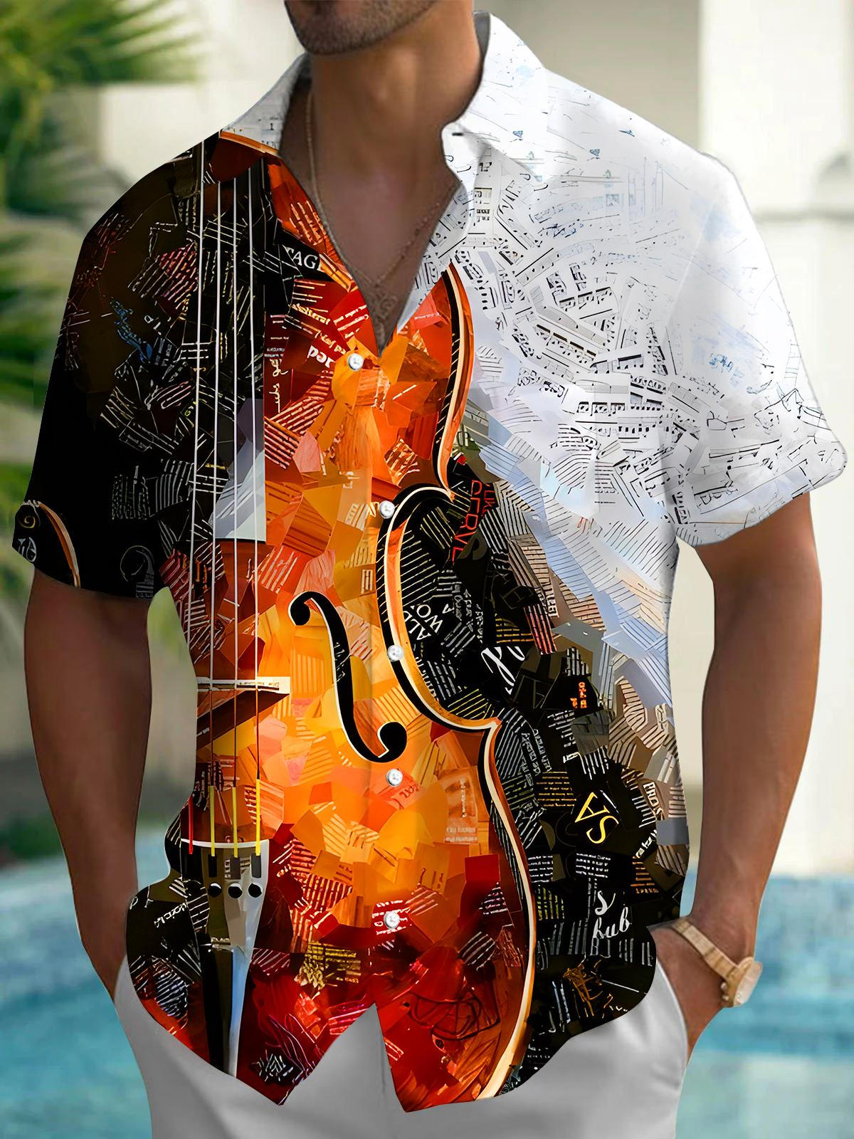 Gradient Colorblock Music Notes Violin Men's Pocket Short Sleeve Shirts