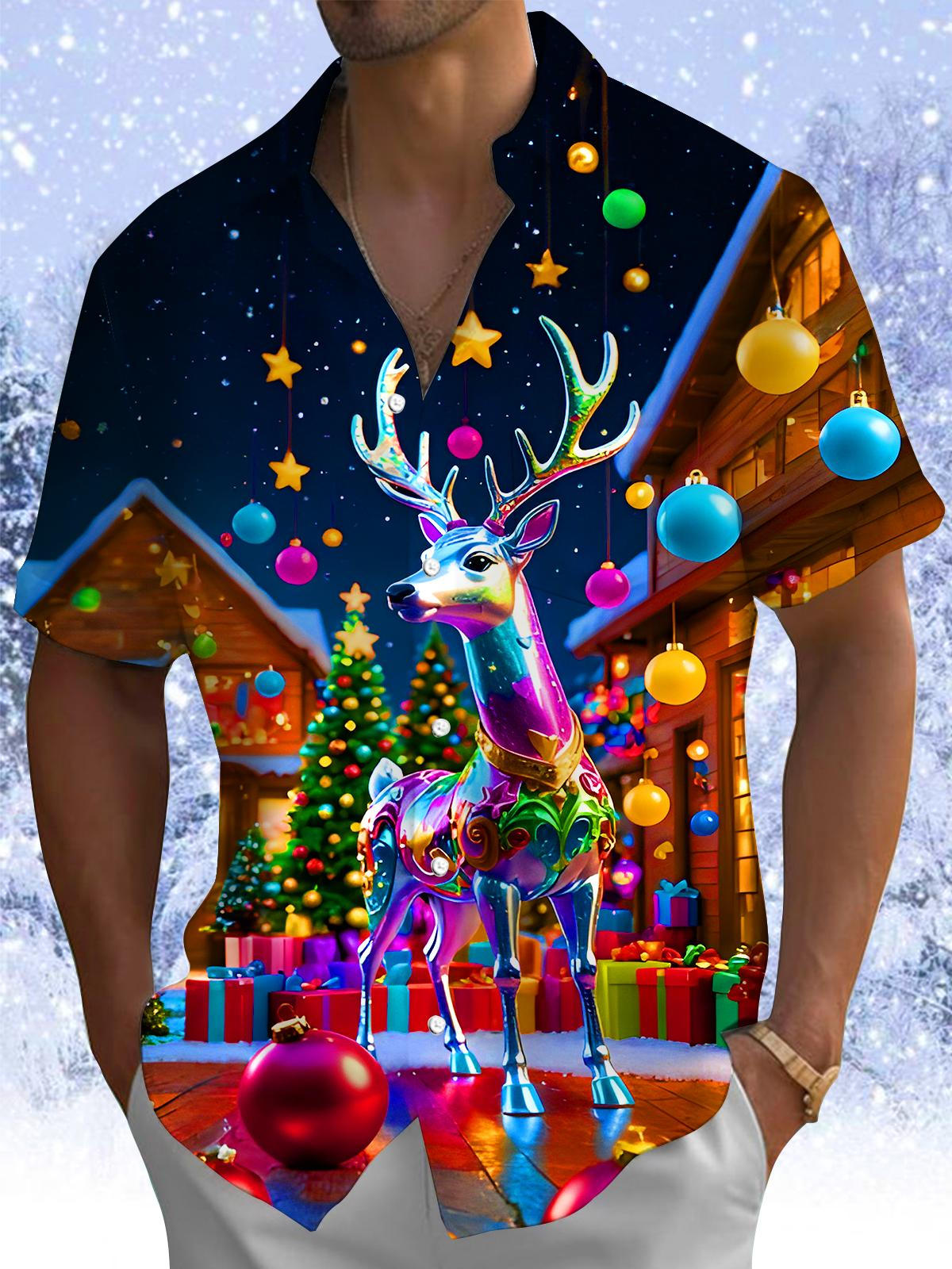 Winter Christmas Reindeer Light Balls Stars Xmas Men's Pocket Short Sleeve Shirts