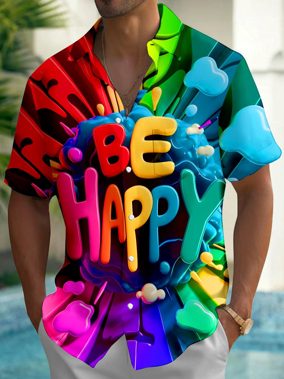 Be Happy Colorful Letters Men's Pocket Short Sleeve Shirts