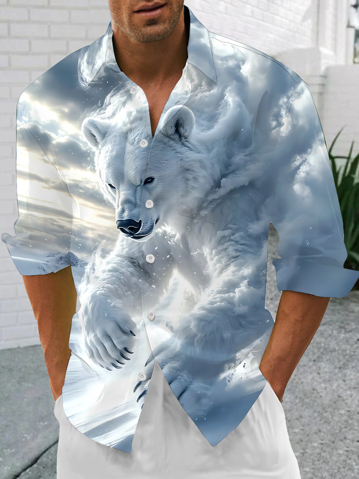 Polar Bear Print Men's Pocket Long Sleeve Shirts