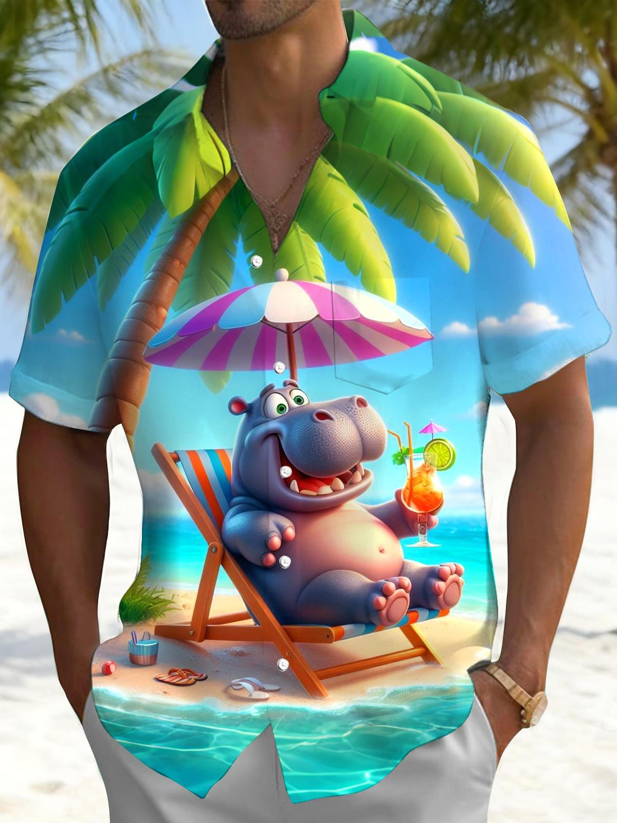 Hawaiian Hippo Print Men's Pocket Short Sleeve Shirts