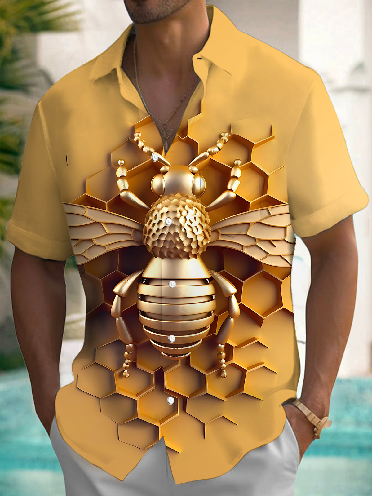 Bee Print Men's Pocket Short Sleeve Shirts