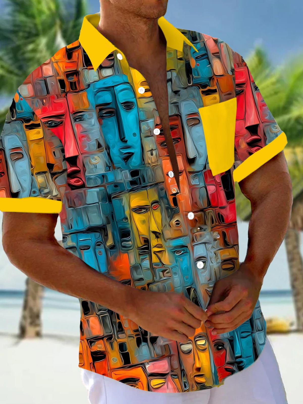 Abstract Face Art Print Men's Pocket Short Sleeve Shirts