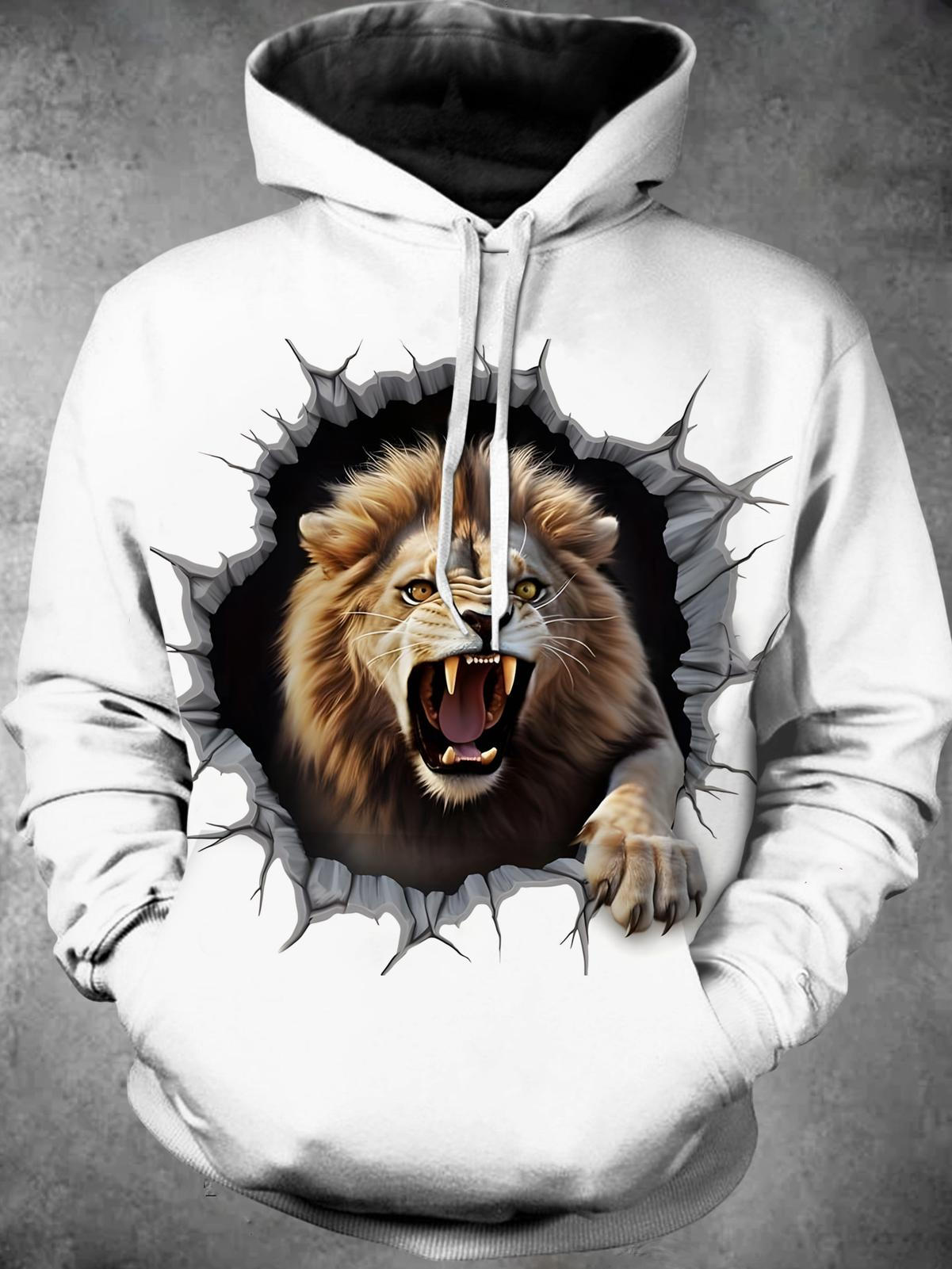 Lion Long Sleeve Hooded Pocket Men's Top