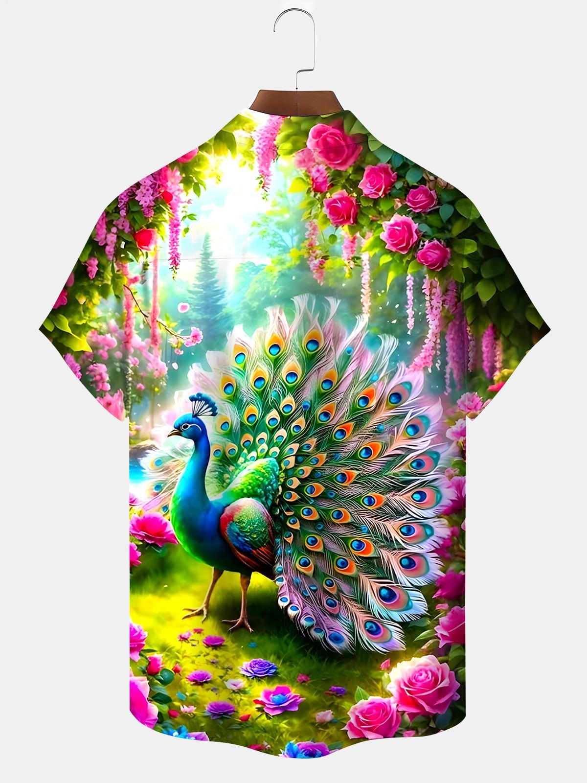 Peacock Floral Men's Pocket Short Sleeve Shirts