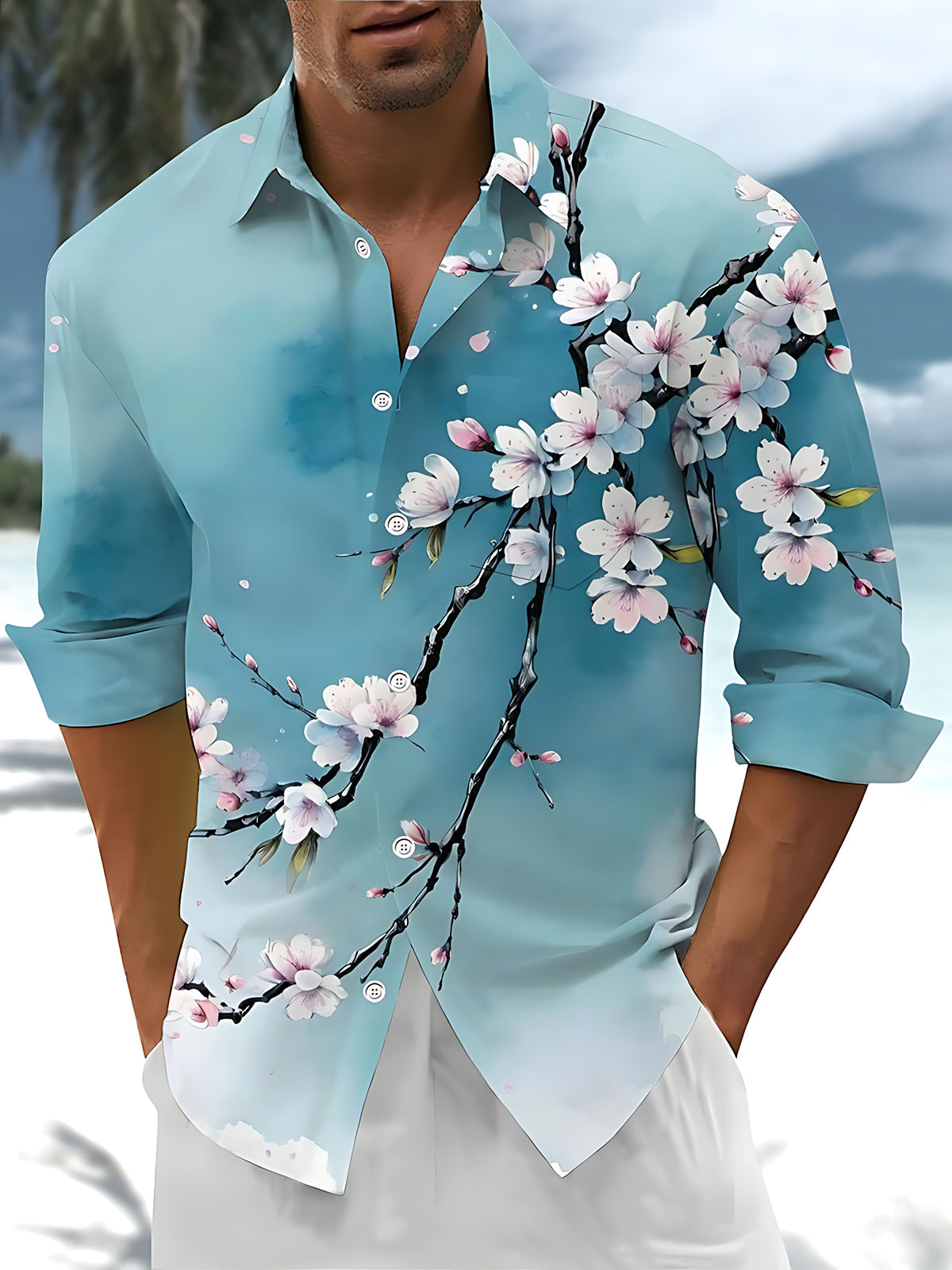 Cherry Blossom Gradient Print Men's Pocket Long Sleeve Shirts