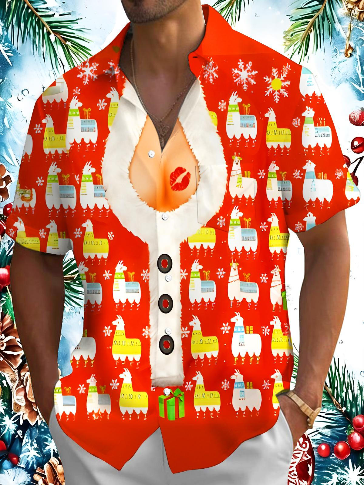 Fun Christmas Alpaca Xmas Men's Pocket Short Sleeve Shirts