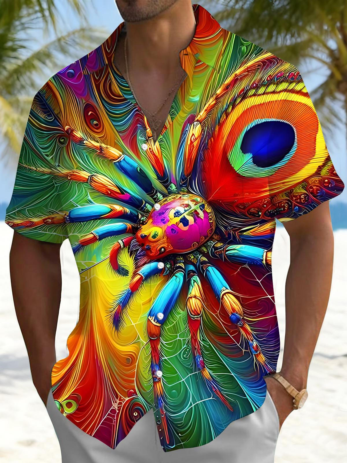 Spider Print Men's Pocket Short Sleeve Shirts