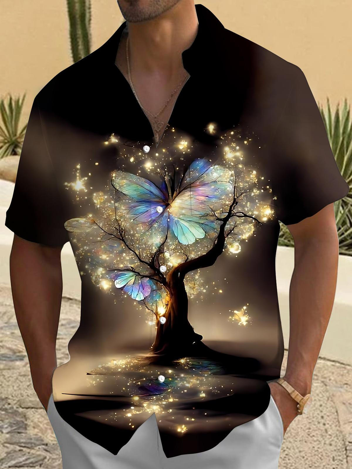 Butterfly Tree Print Men's Pocket Short Sleeve Shirts