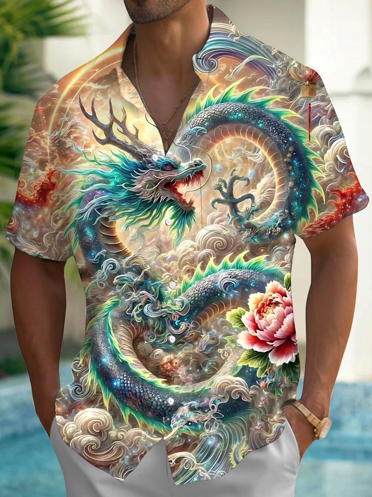Dragon Print Men's Pocket Short Sleeve Shirts