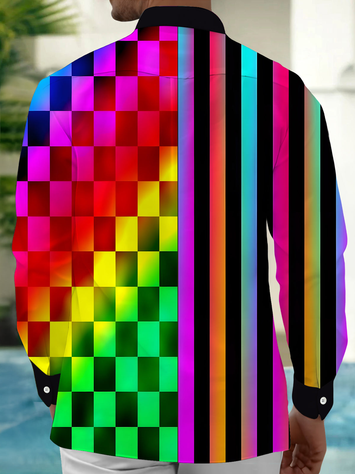 Hawaiian Rainbow Plaid Stripes Geometry Men's Pocket Long Sleeve Shirts