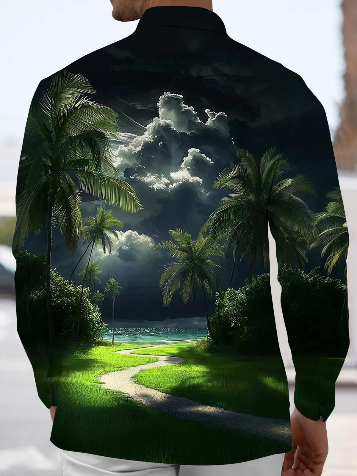 Palm Tree Print Men's Pocket Long Sleeve Shirts