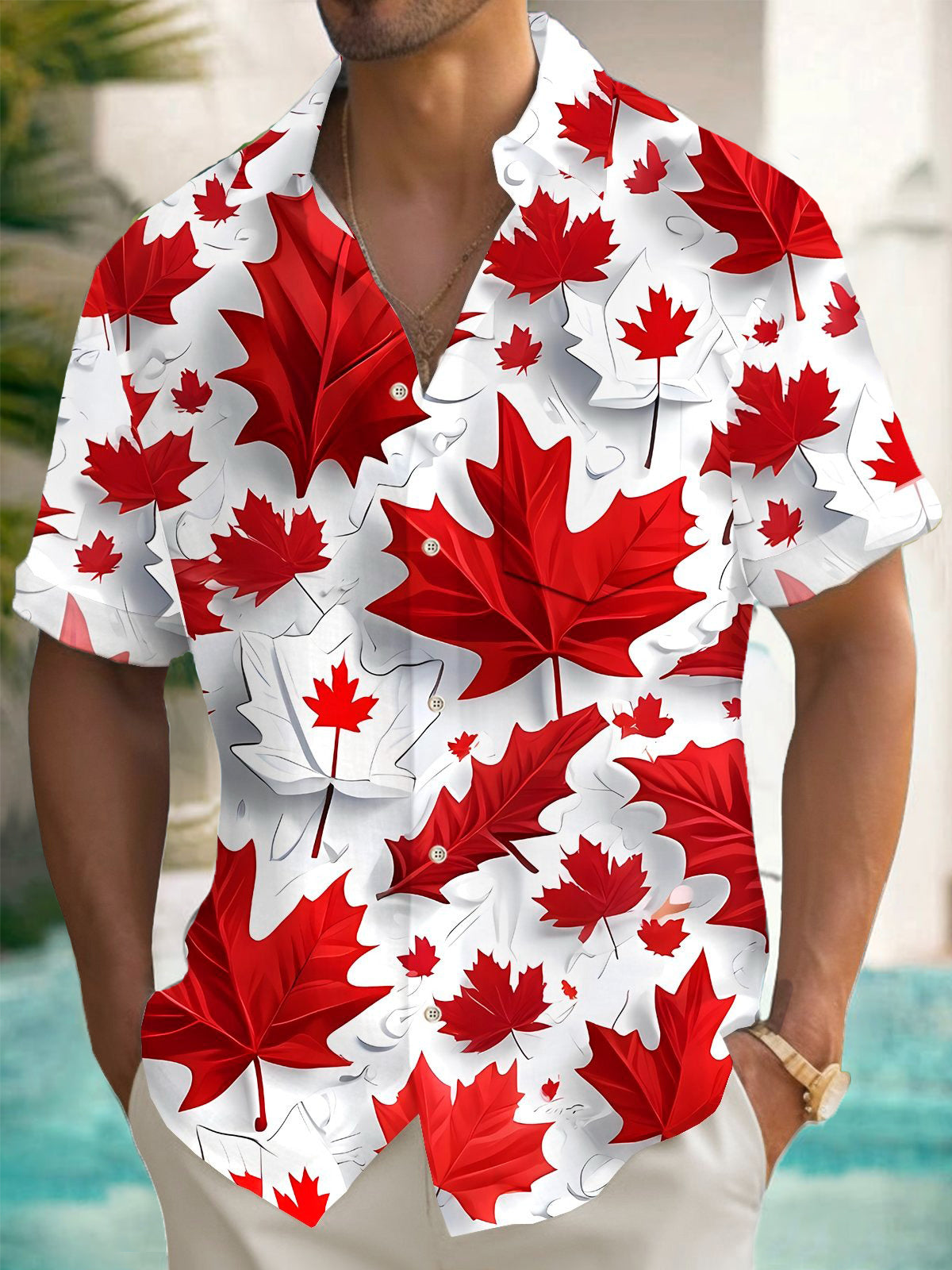 Maple Leaf Print Men's Pocket Short Sleeve Shirts