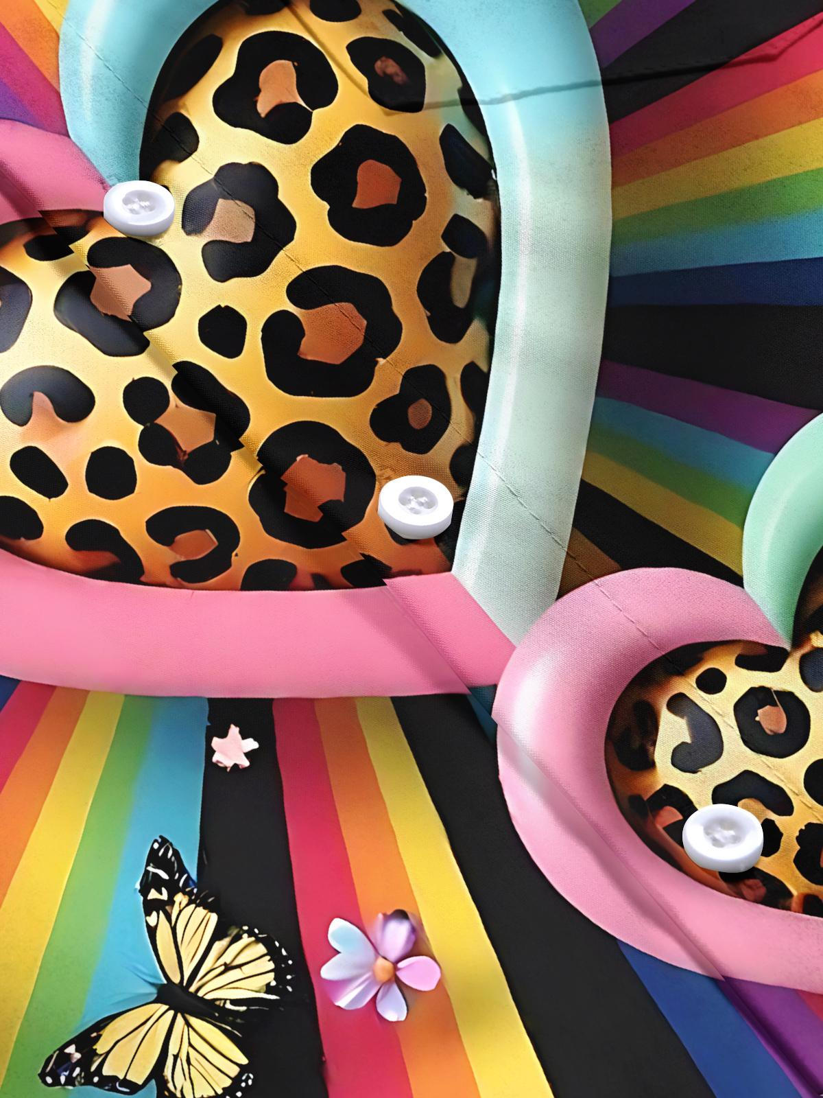 Rainbow Leopard Heart Print Men's Pocket Short Sleeve Shirts