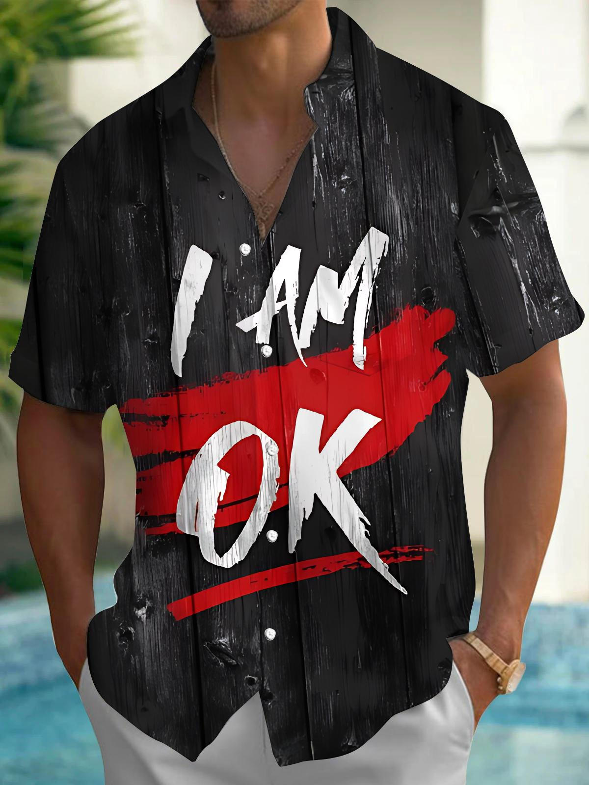 I AM OK Print Men's Pocket Short Sleeve Shirts