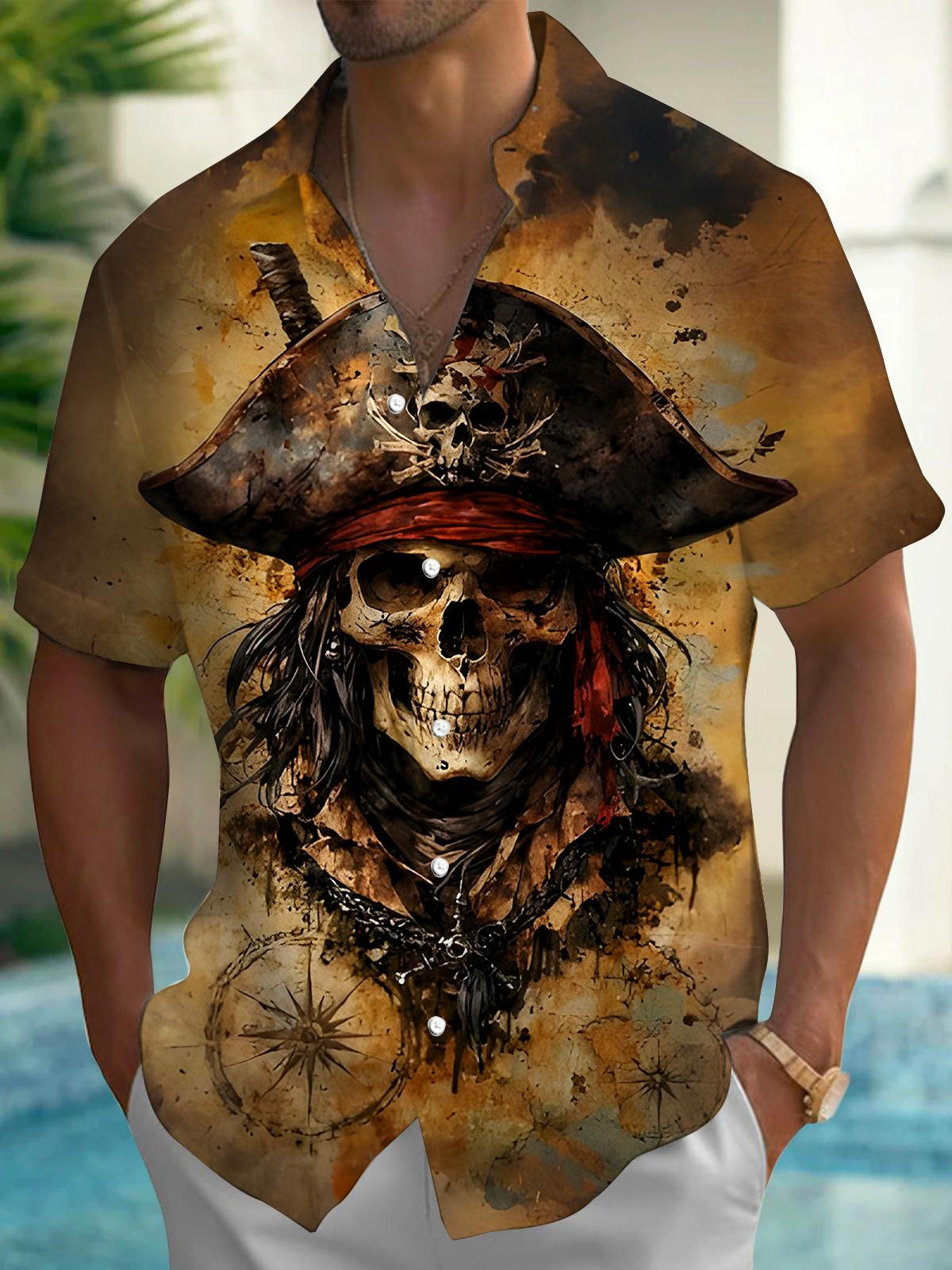 Retro Pirate Skull Compass Men's Pocket Short Sleeve Shirts
