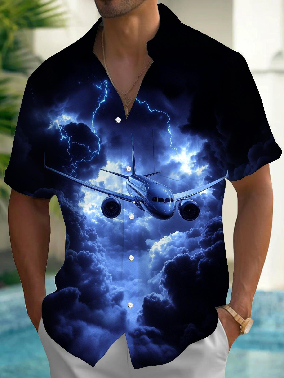 Airplane Print Men's Pocket Short Sleeve Shirts