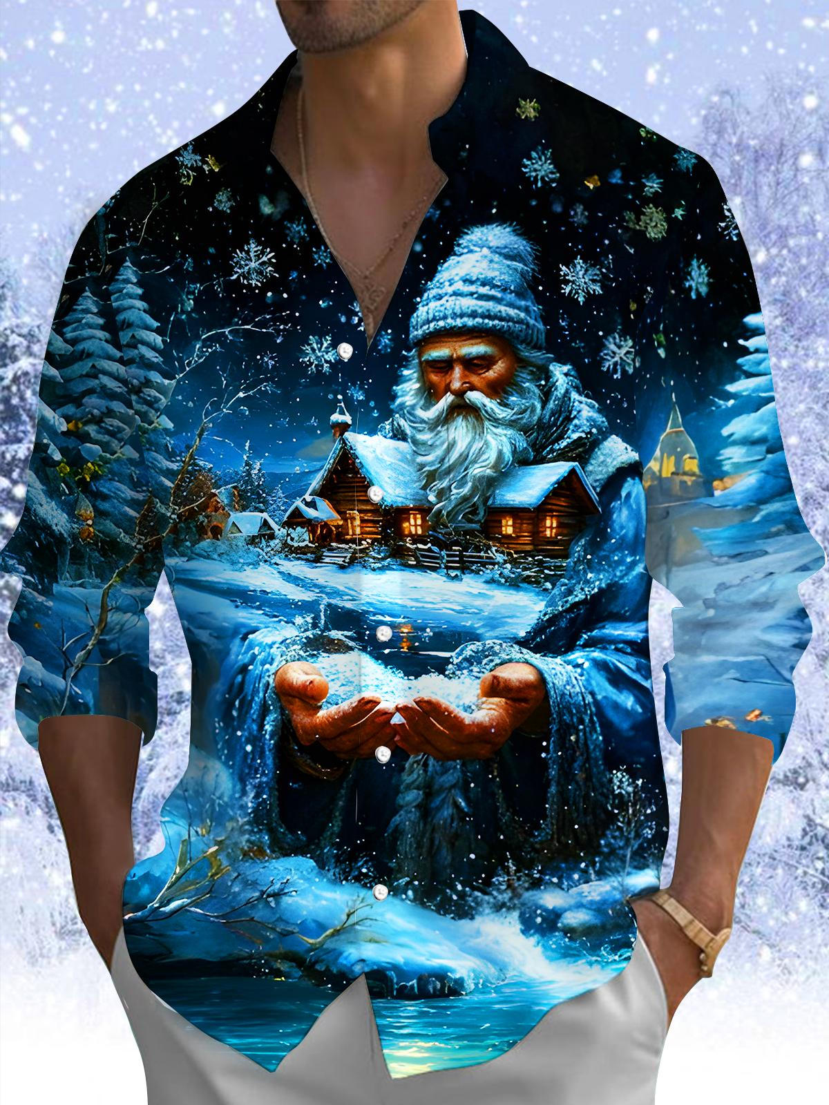 Winter Snow Santa Claus House Xmas Men's Pocket Long Sleeve Shirts