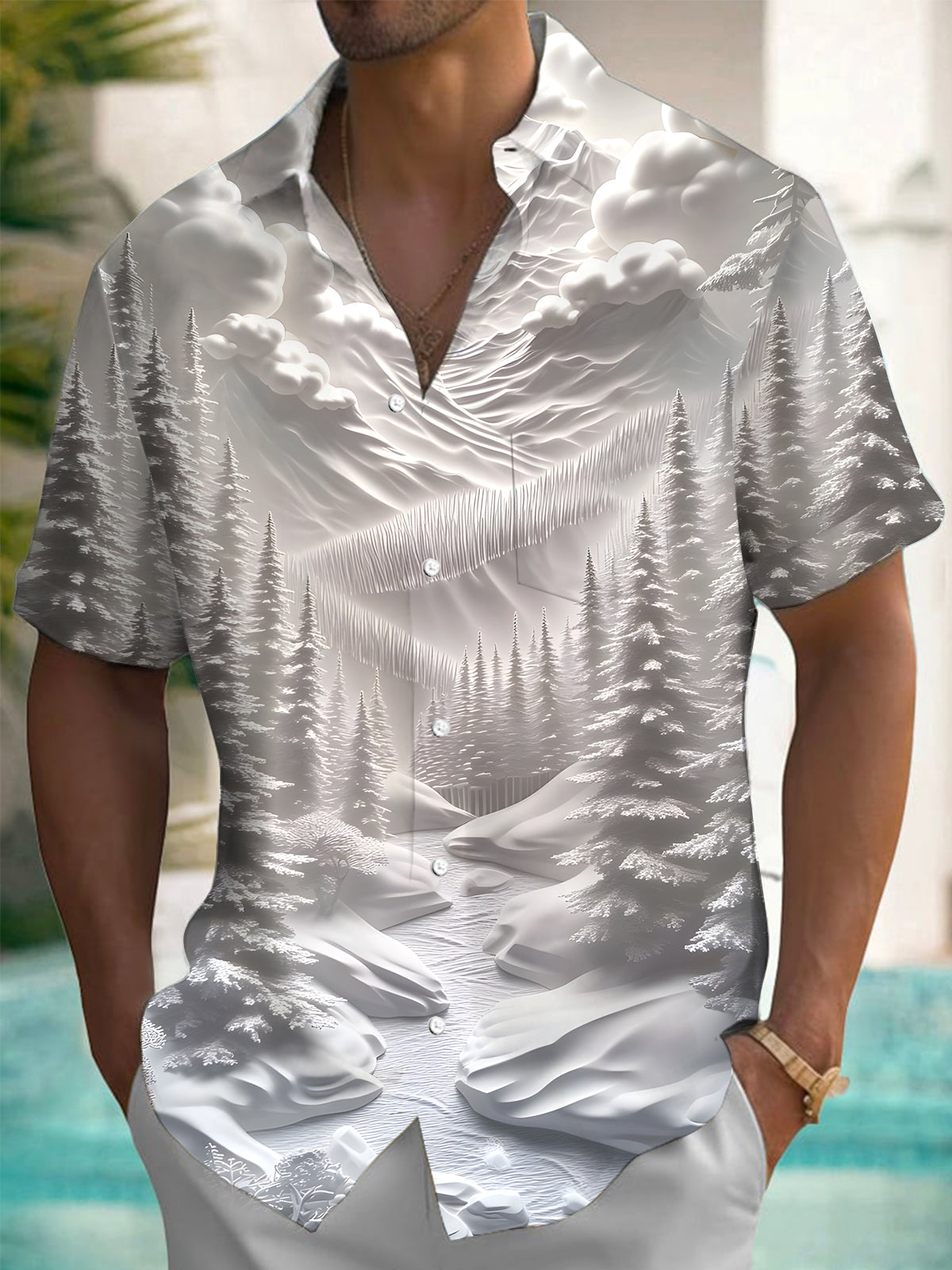 Tree Snow Scene Print Men's Pocket Short Sleeve Shirts