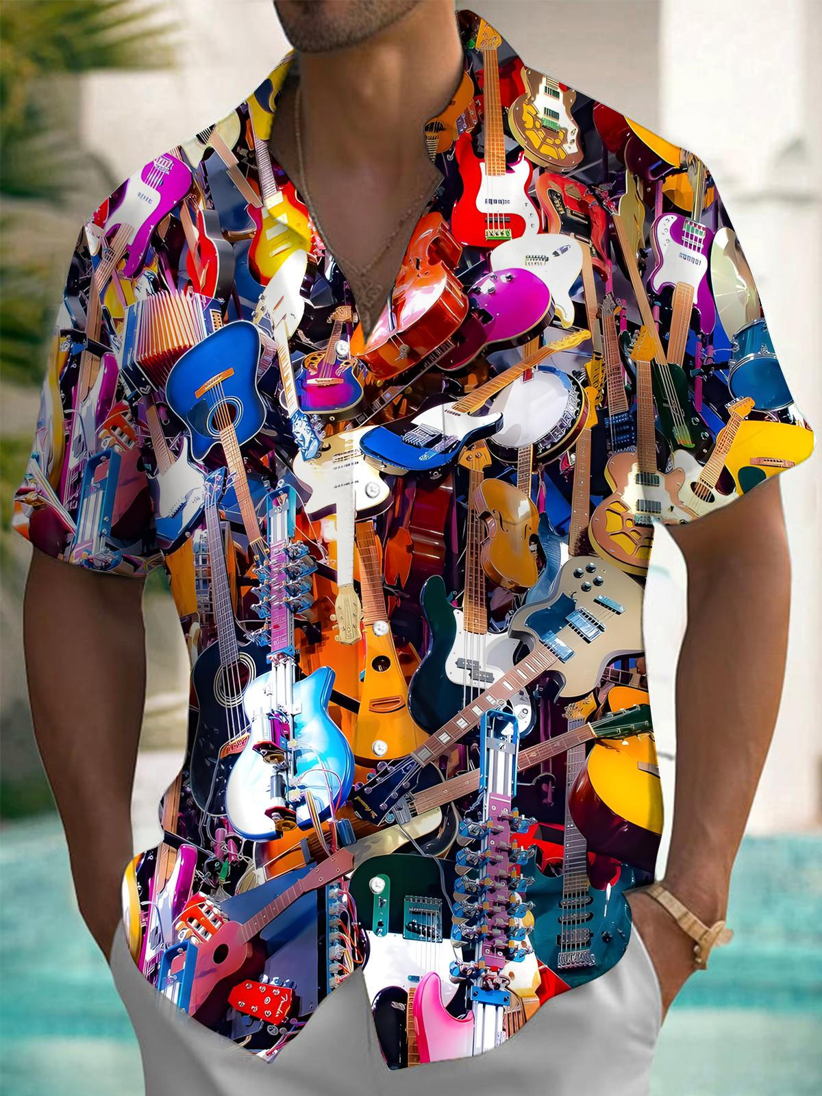 Musical Instrument Print Men's Pocket Short Sleeve Shirts