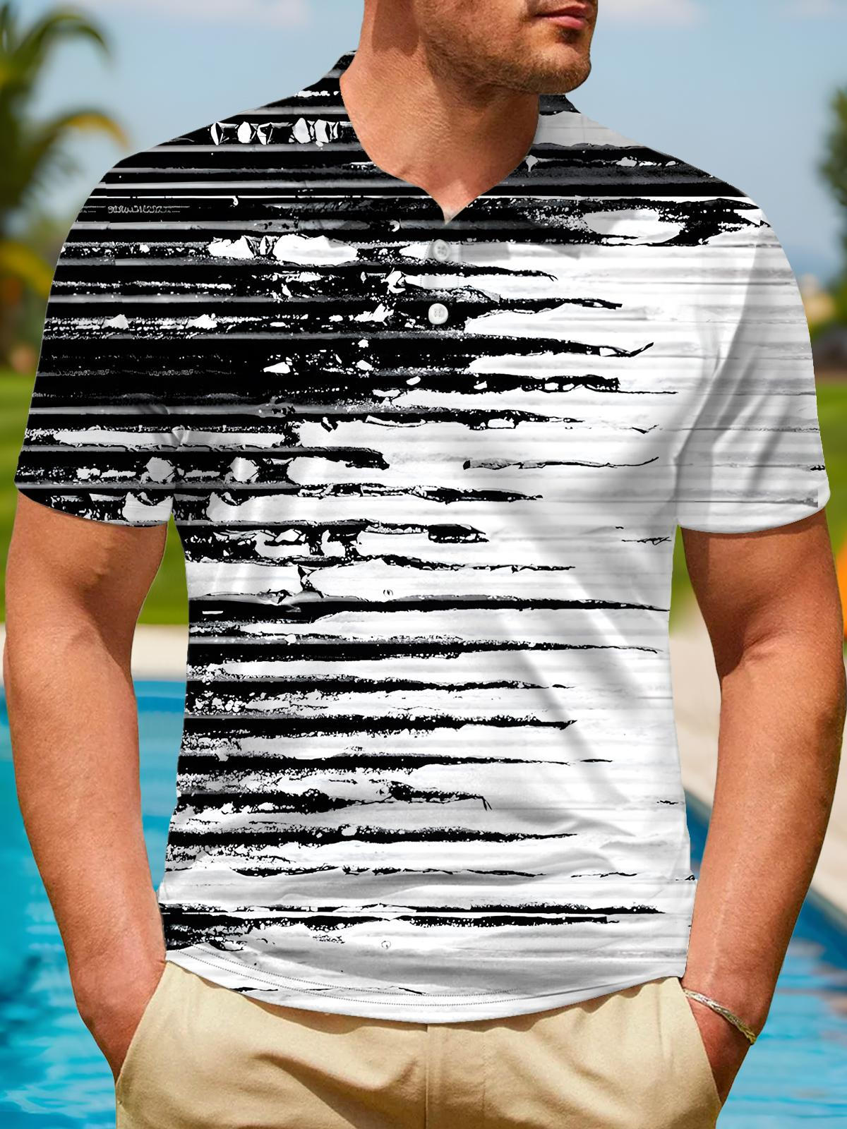 Black White Gradient Striped Print Men's Short Sleeve Button Polo Shirt