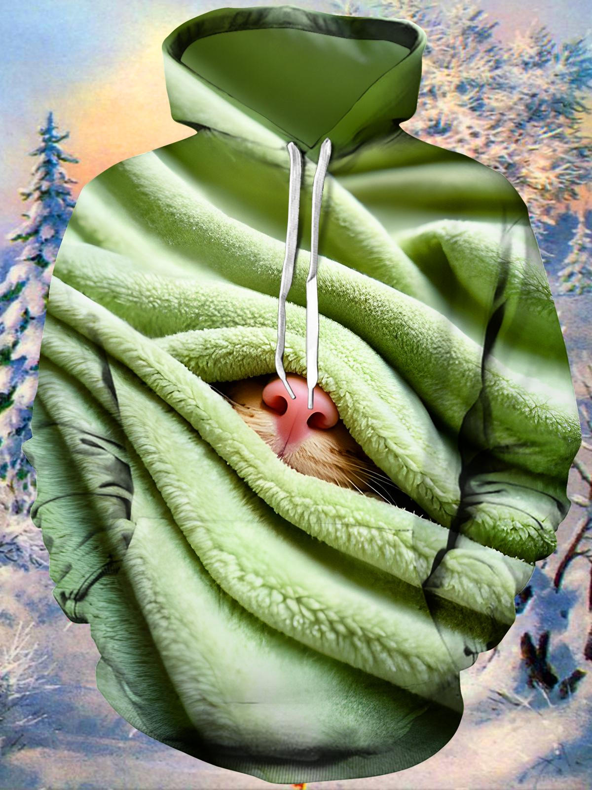 Fun Warm Blanket Cat Nose Men's Long Sleeve Printing Pocket Hooded Sweatshirt