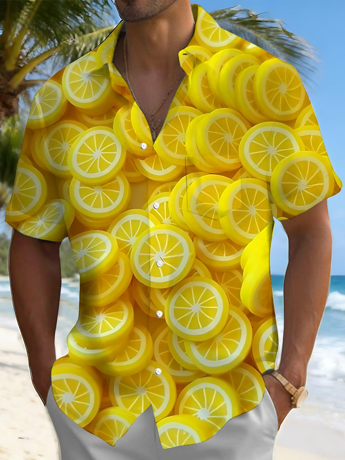 Lemon Slice Print Men's Pocket Short Sleeve Shirts