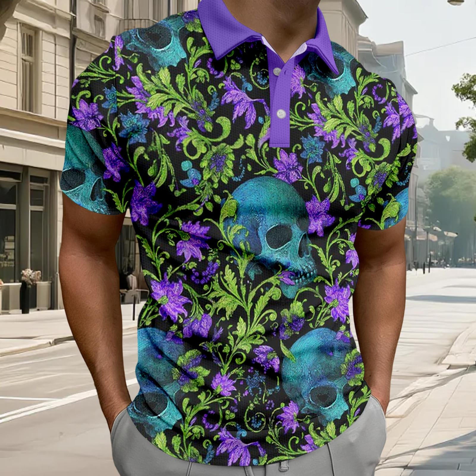 Skull Collared Tee Shirt for Men Waffle Floral Summer Short Sleeve Fashion Button Graphic Tee Shirt for Beach consistent