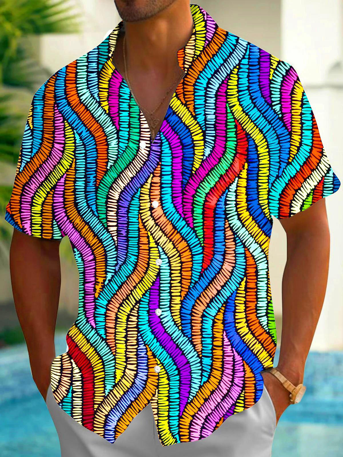 Multi-color Line Geometry Men's Pocket Short Sleeve Shirts