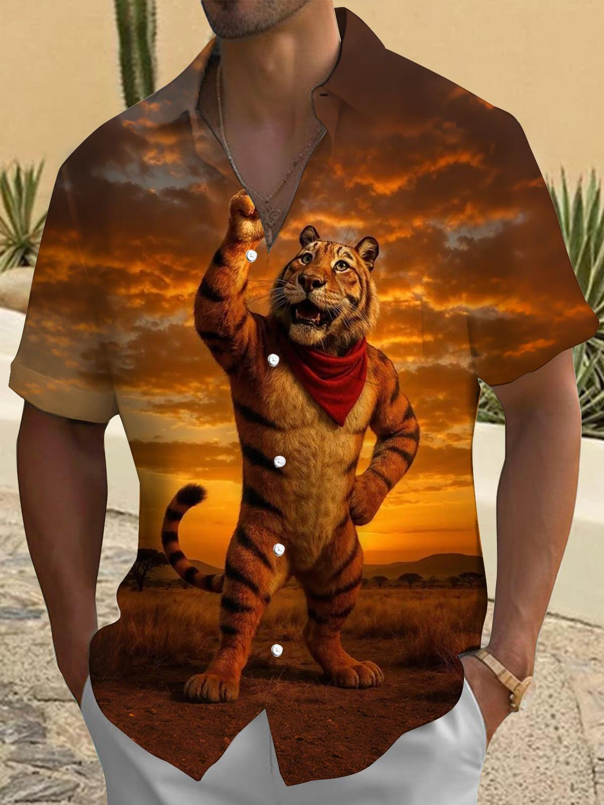 Tiger Print Men's Pocket Short Sleeve Shirts