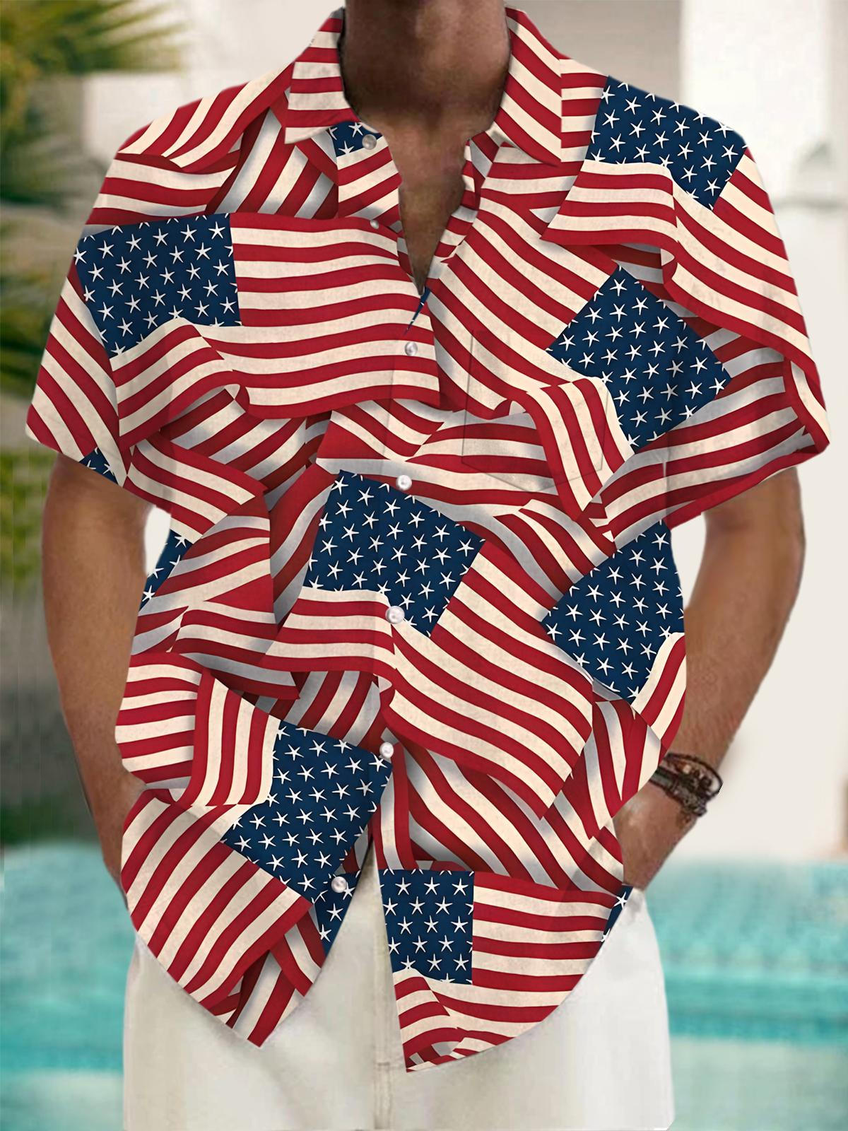 American Flag Print Men's Pocket Short Sleeve Shirts