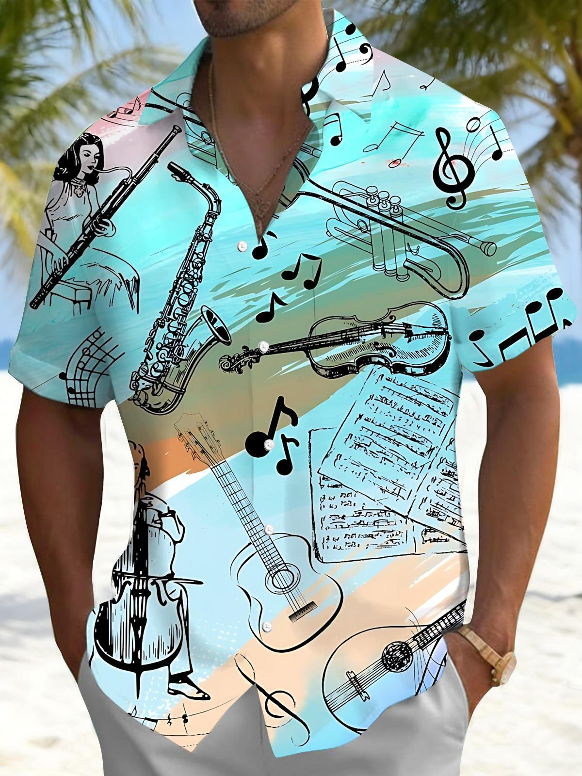 Musical Instrument Print Men's Pocket Short Sleeve Shirts