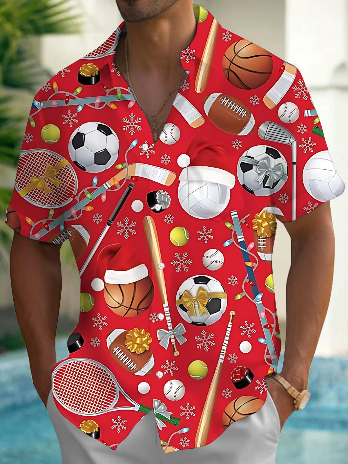 Sports Ball Christmas Snowflake Print Men's Pocket Short Sleeve Shirts