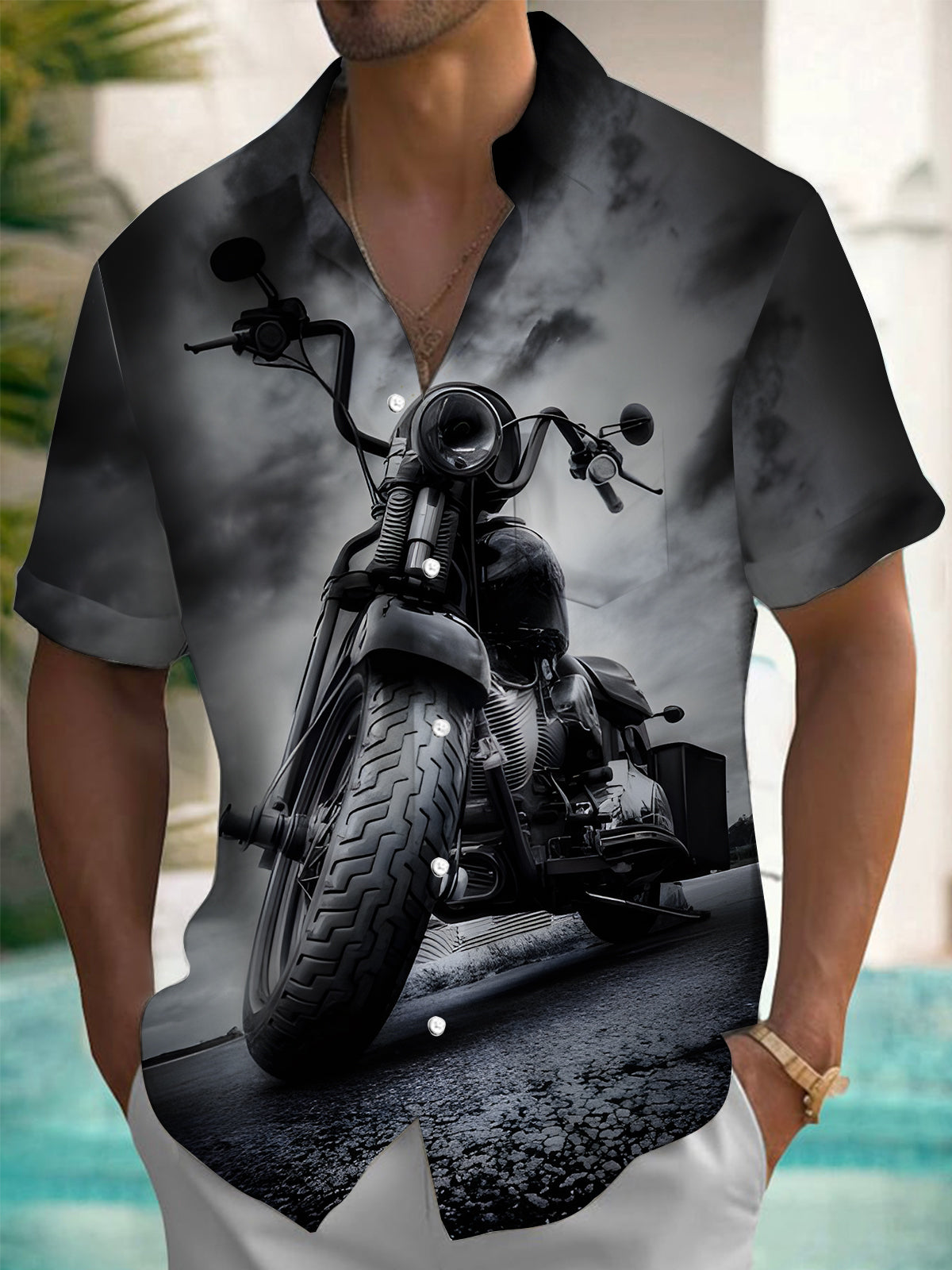 Motorcycle Print Men's Pocket Short Sleeve Shirts