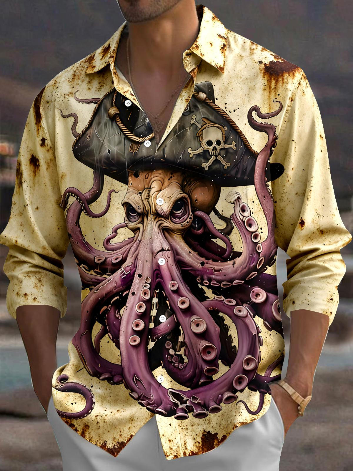 Retro Captain Octopus Skull Men's Pocket Long Sleeve Shirts