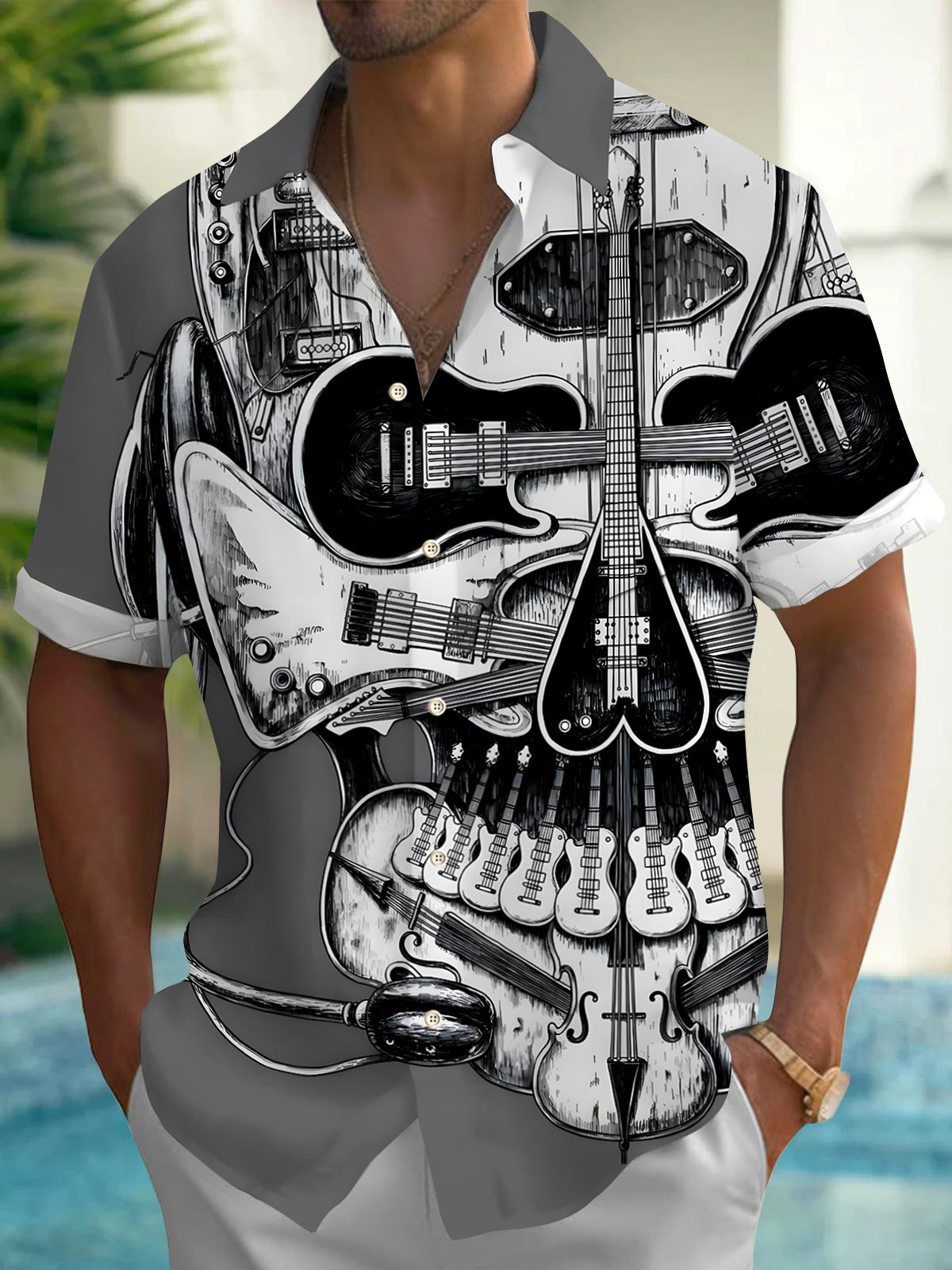 Skull Guitar Men's Pocket Short Sleeve Shirts
