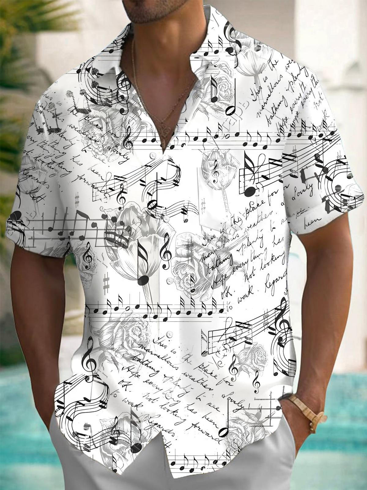 Musical Notes Flowers Print Men's Pocket Short Sleeve Shirts