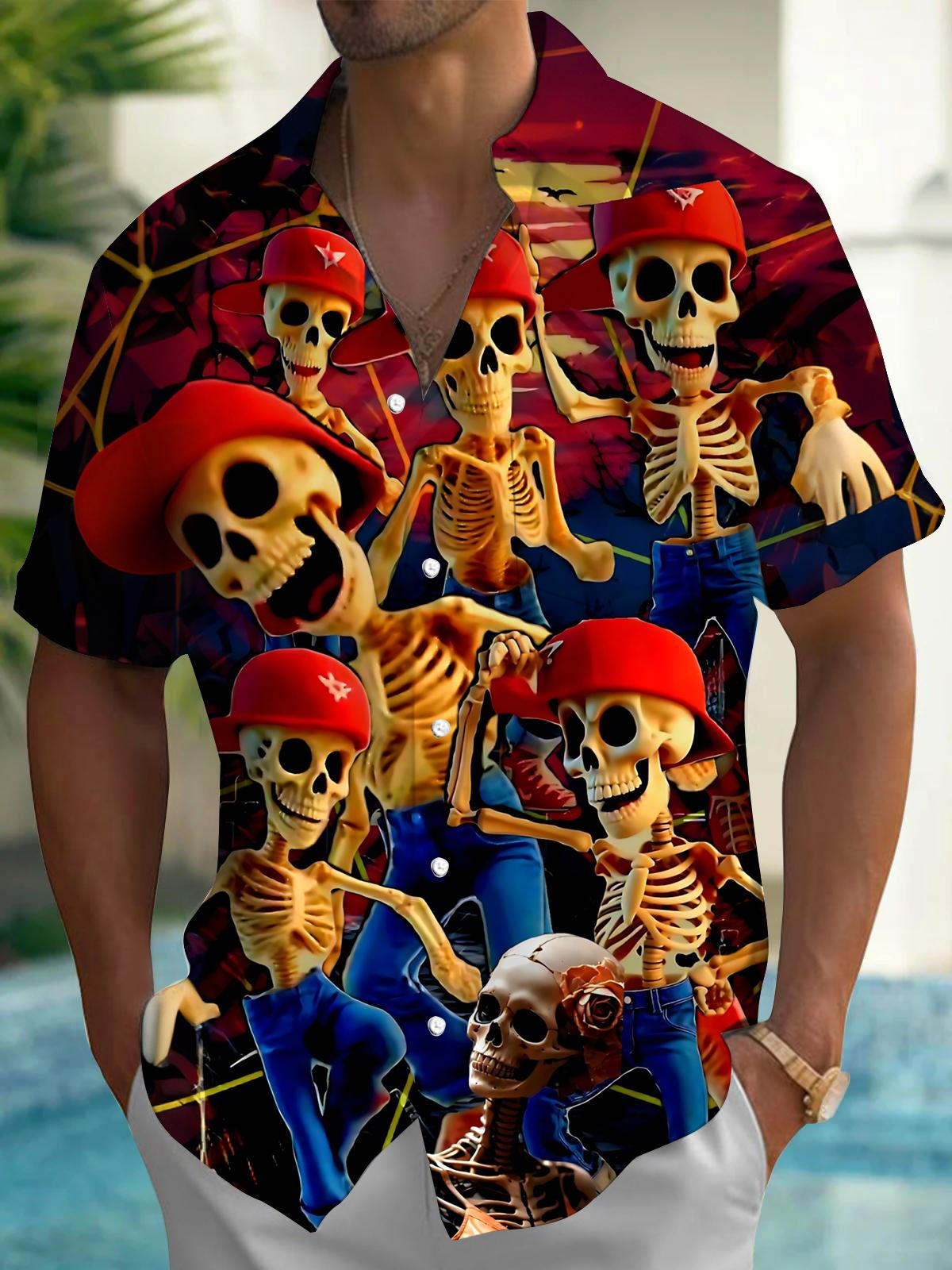 Skull Print Men's Pocket Short Sleeve Shirts