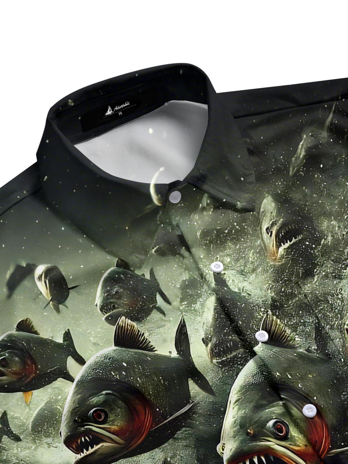 Piranhas Print Men's Pocket Short Sleeve Shirts