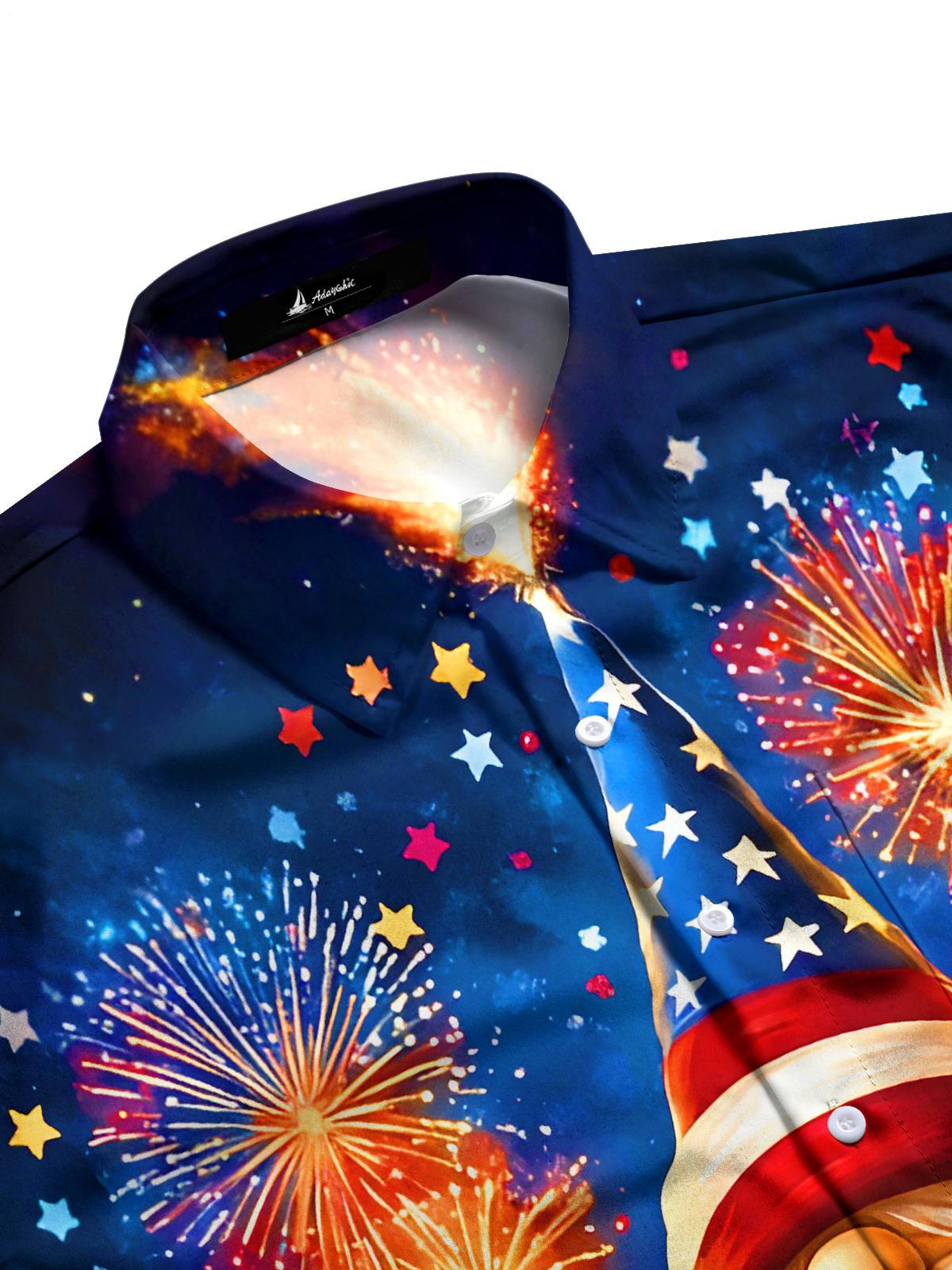 Fun Stars Flags Dwarf Setting Off Fireworks Men's Pocket Long Sleeve Shirts