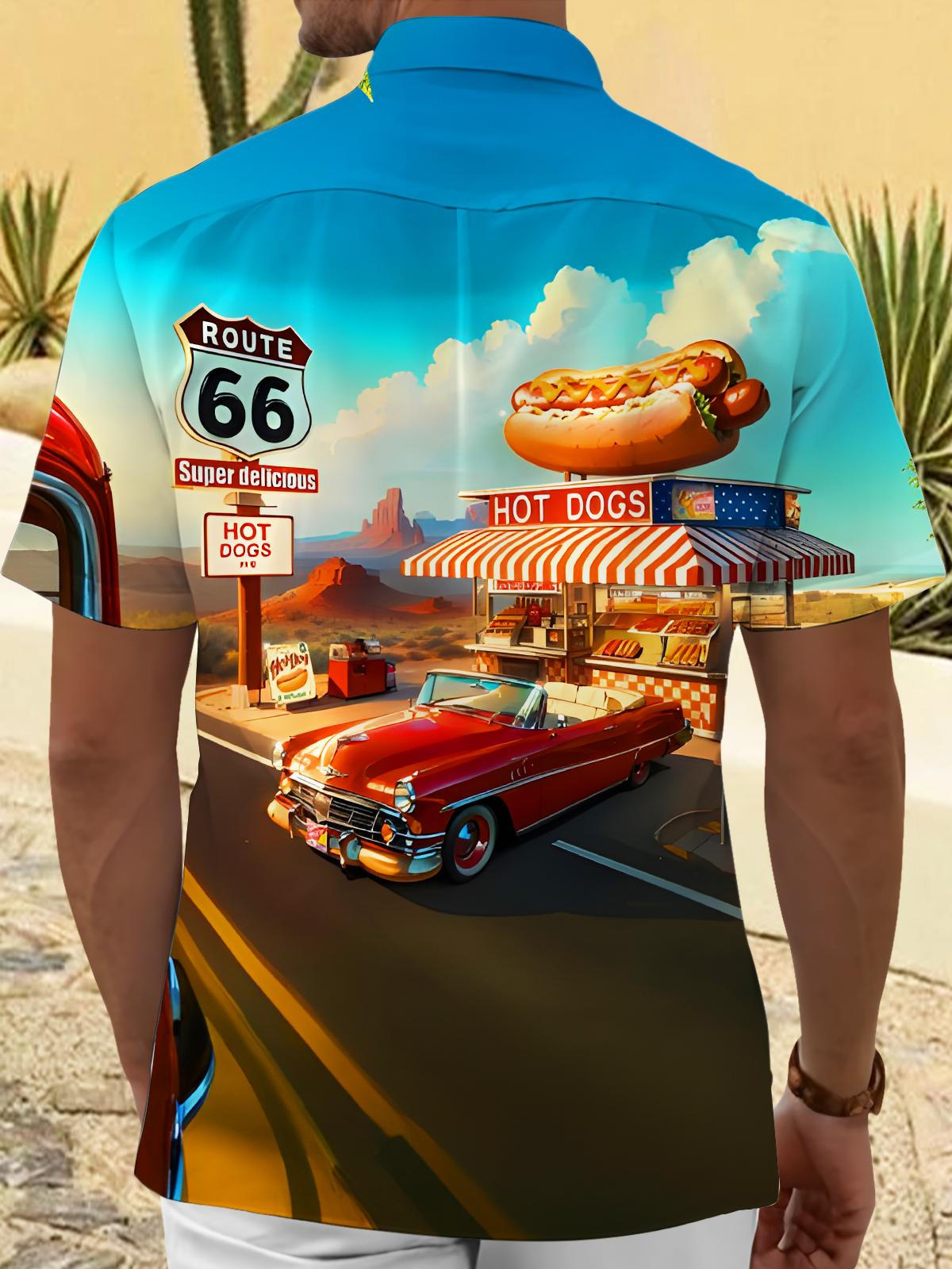 Fun Retro Route 66 Hot Dog Shop Car Men's Pocket Short Sleeve Shirts