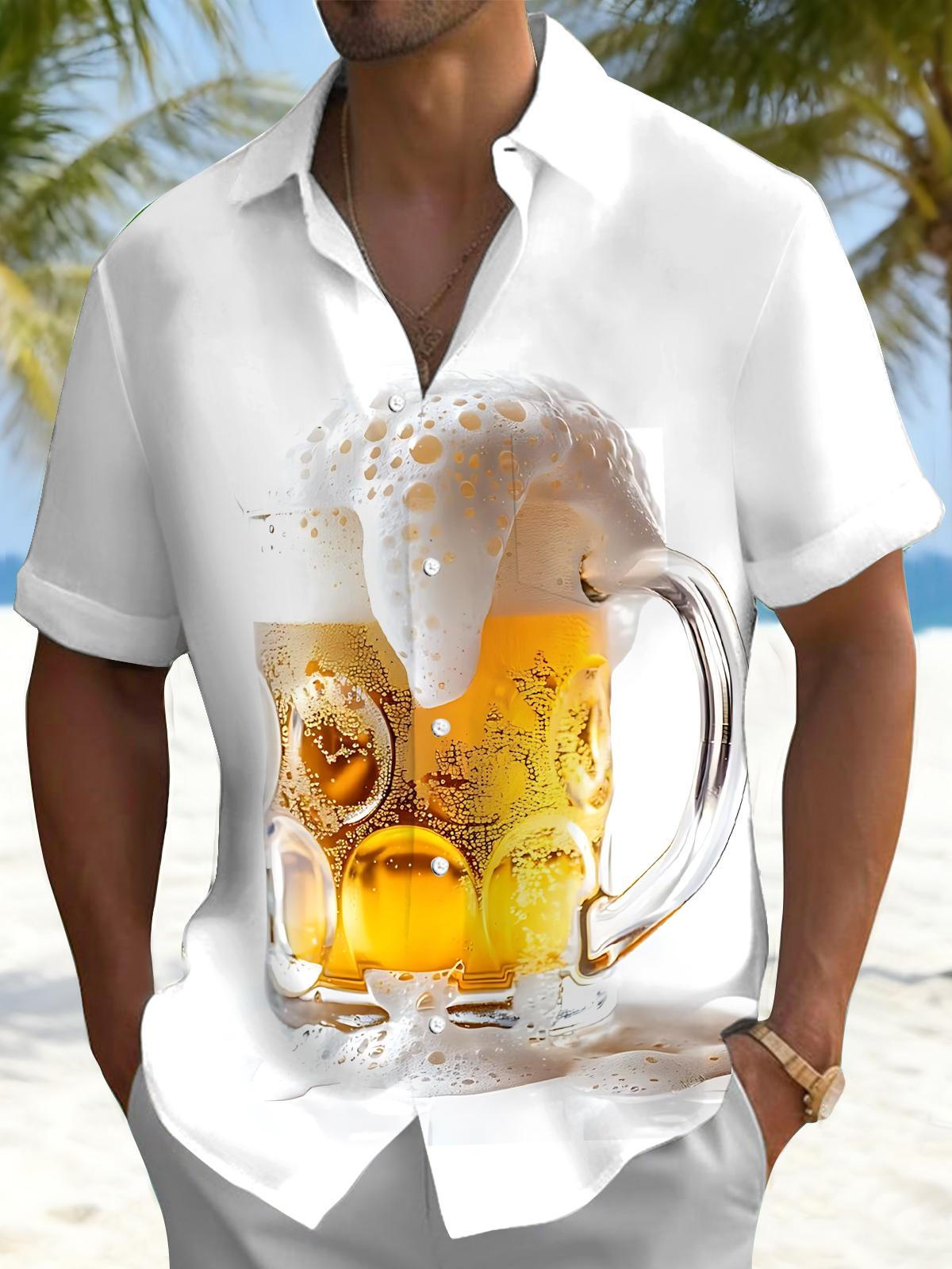 Beer Print Men's Pocket Short Sleeve Shirts