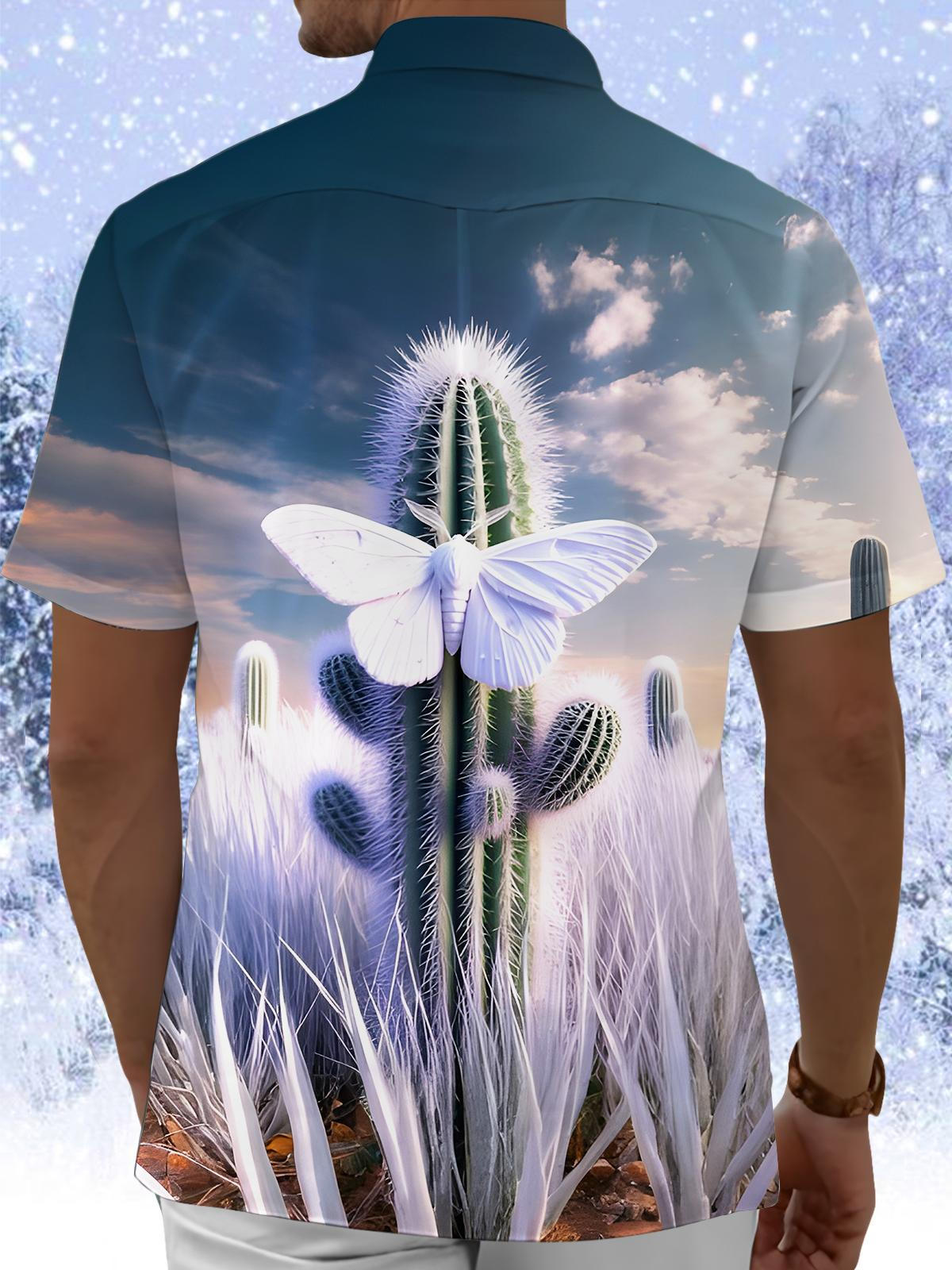 Winter Cactus Butterfly Men's Pocket Short Sleeve Shirts