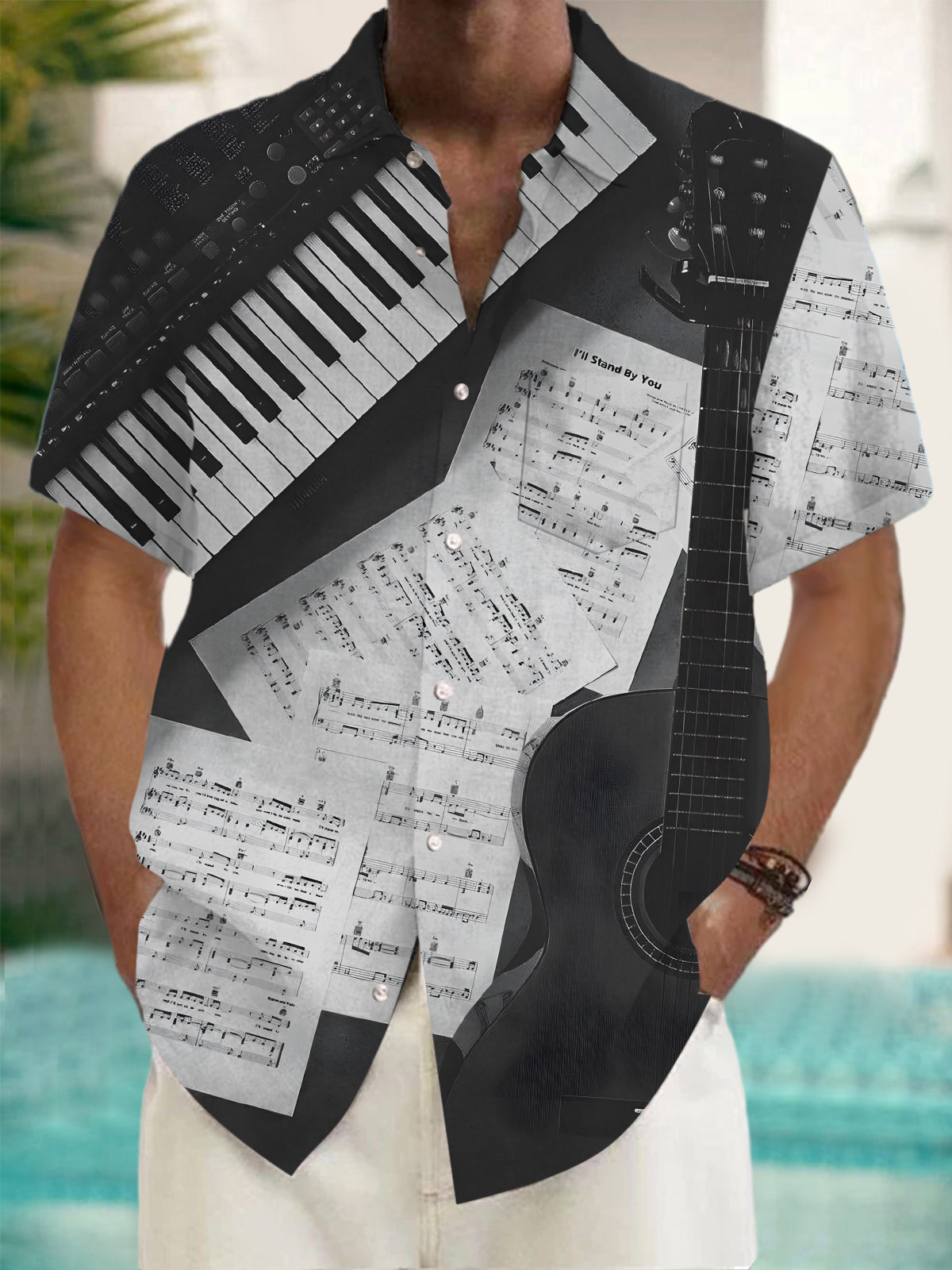 Musical Instruments Sheet Music Print Men's Pocket Short Sleeve Shirts