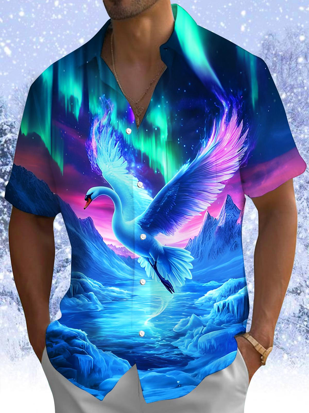 Winter Aurora Swans In Flight Men's Pocket Short Sleeve Shirts
