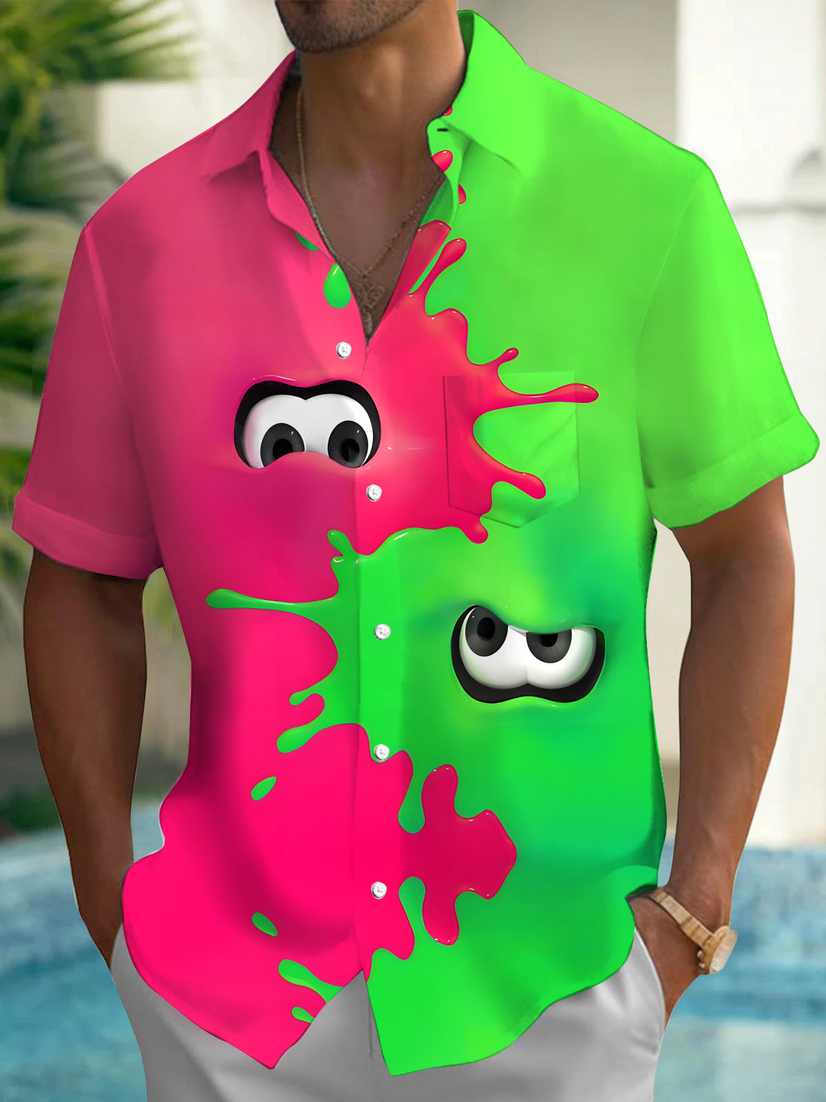 Funny Eyes Contrast Color Men's Pocket Short Sleeve Shirts