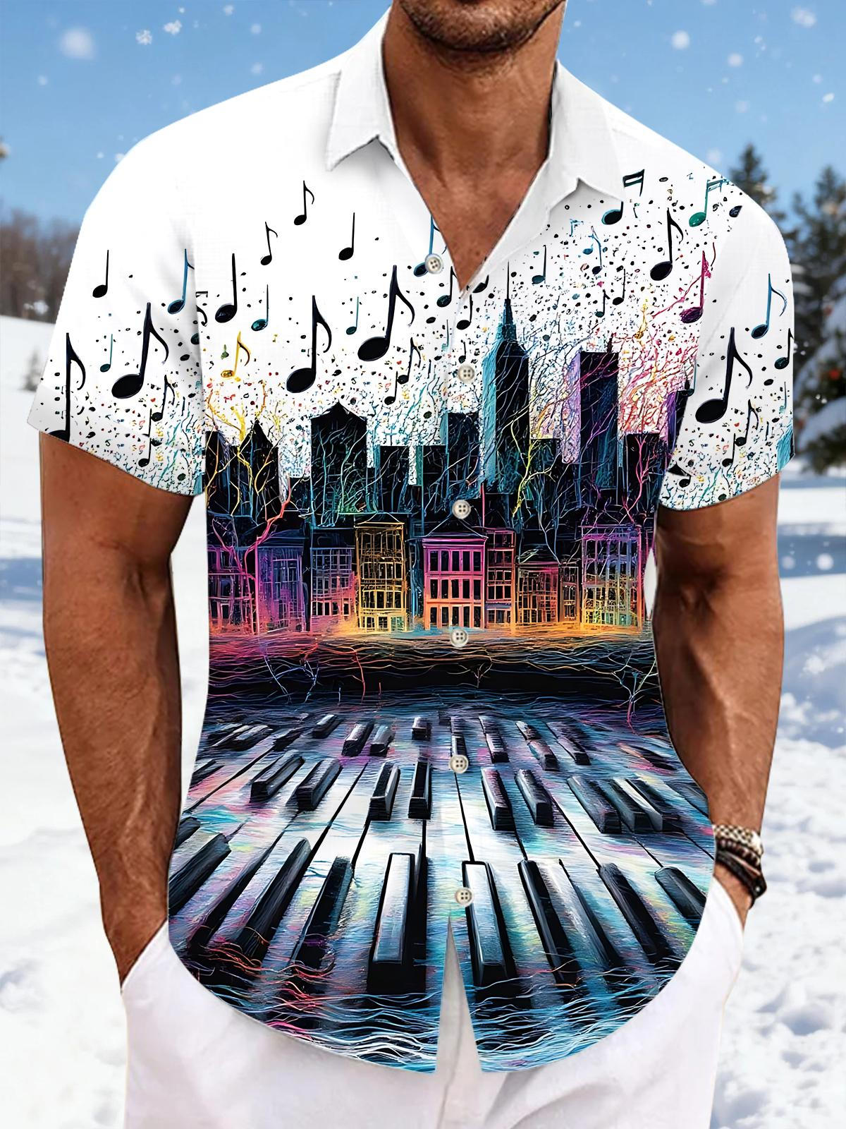 Piano Architecture Note Print Men's Pocket Short Sleeve Shirts