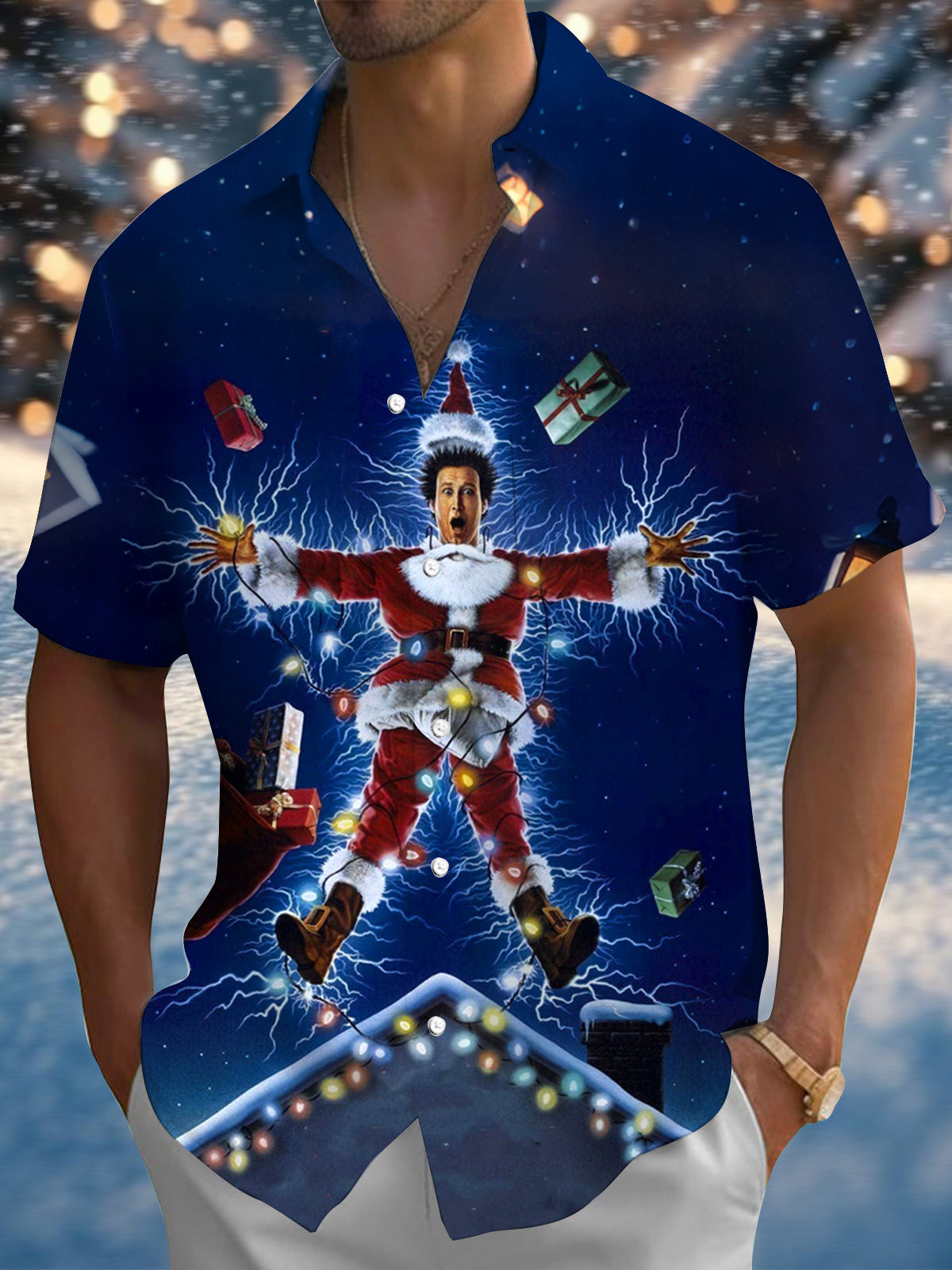 Christmas Print Men's Pocket Short Sleeve Shirts