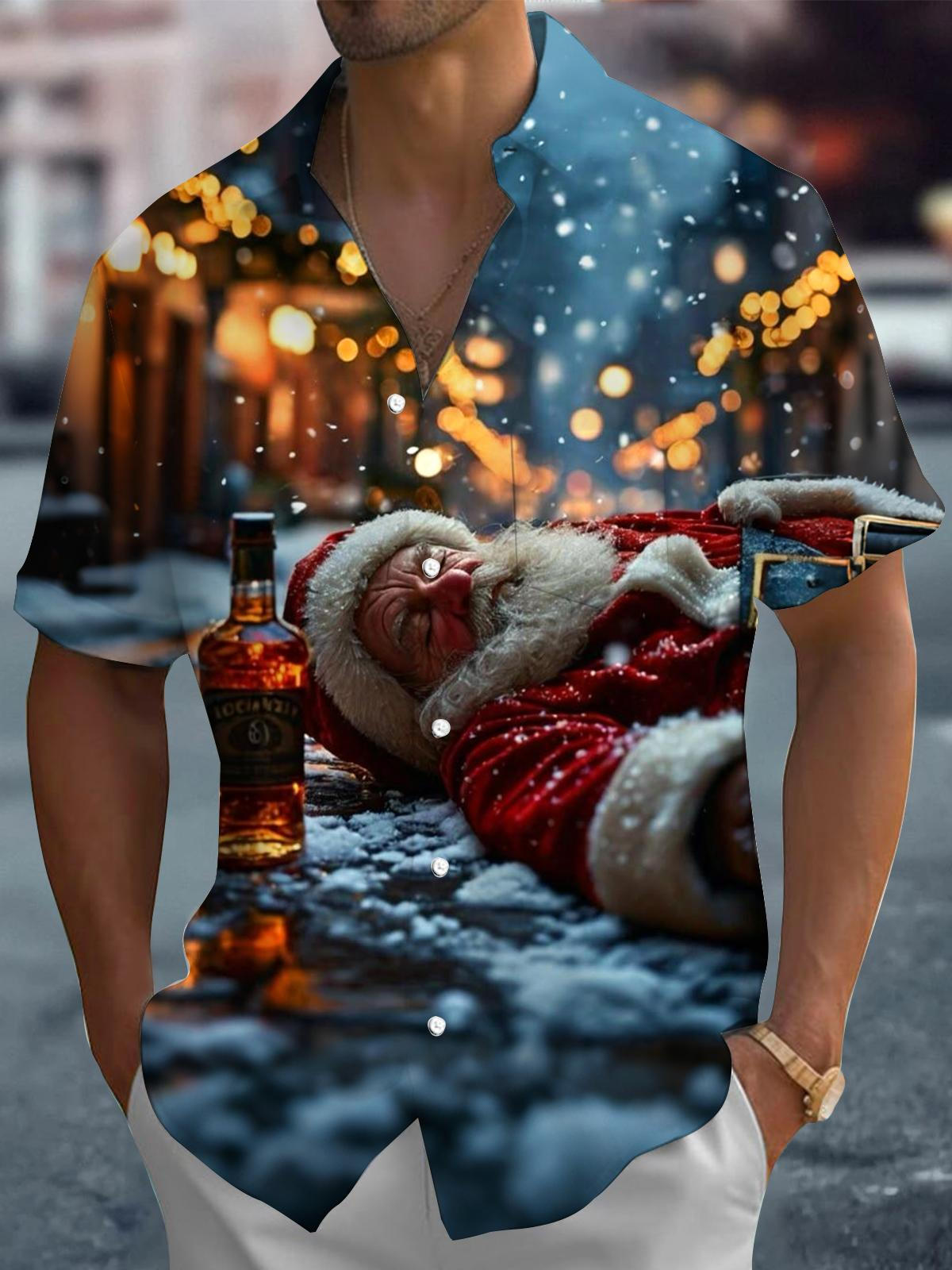 Christmas Santa Claus Print Men's Pocket Short Sleeve Shirts